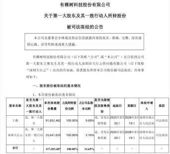 亿财配资 入主上市公司4个月，有棵树第一大股东王维被冻结全额股权